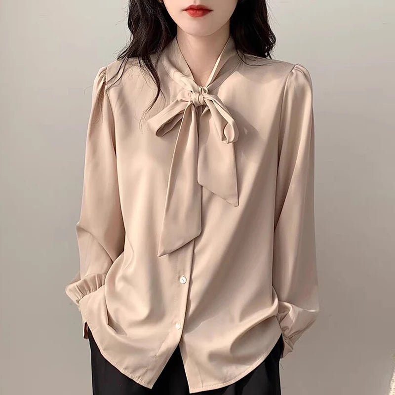 Blue Satin Bow Blouse